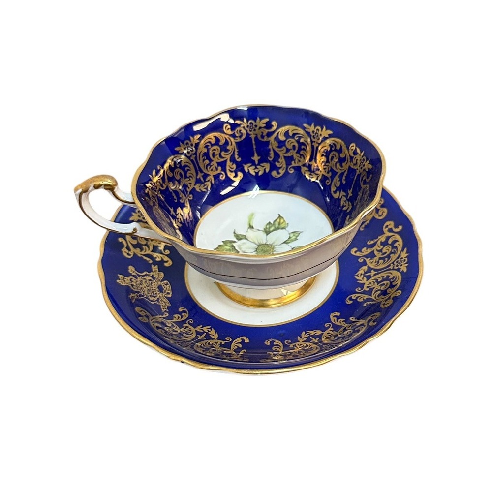 Paragon Teacup and Saucer Set Gold Blue Flower Dogwood 1958 Centennial - Picture 2 of 11